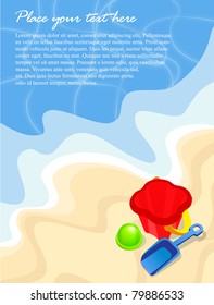 Summer beach background with bucket and shovel and text