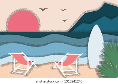 Summer beach background with chairs and palm leaves, sun and mountains on background. Seaside resort near the ocean, sea. Perfect vector for your banner, poster.