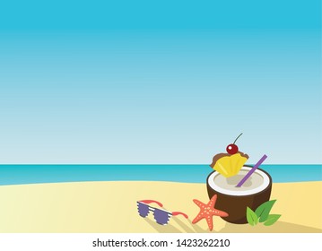 Summer beach background with coconut cocktail and sea star on sand, and cute sunglasses. - Vector