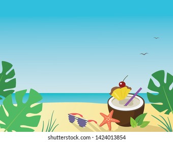 Summer beach background with coconut cocktail and sea star on sand, with sunglasses and green tropical leaves. - Vector