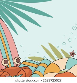 Summer beach background with crab, lifebuoys, surfboard and tropical leaves. Cute cartoon style vector for banner, kids poster, social media or website design.