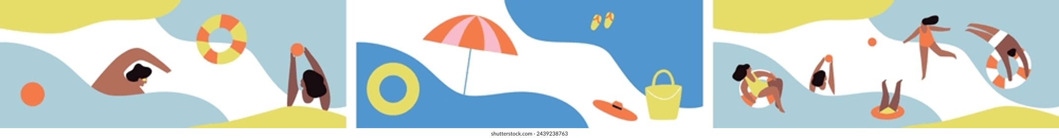 Sommer Strand Hintergrund. Kreative Illustration für Poster, Web, Landing, Page, Cover, Anzeige, Gruß, Karte, Promotion. EPS 10 Vektor.	
