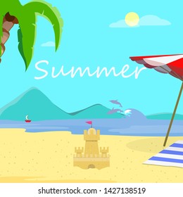 Summer Beach Background, Day Time Empty Landscape, Exotic Seaside with Sand Castle, Resort Coast Seascape, Palm Tree, Dolphins, Sailing Ship, Sandy Shore Flyer Cartoon Flat Vector Illustration, Banner