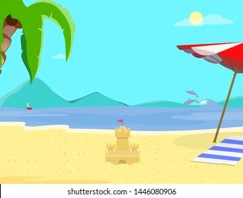 Summer Beach Background, Day Time Empty Landscape, Exotic Seaside with Sand Castle, Resort Coast Seascape, Palm Tree, Dolphins, Sailing Ship, Sandy Shore Flyer Cartoon Flat Vector Illustration Banner
