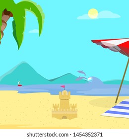 Summer Beach Background, Day Time Empty Landscape, Exotic Seaside with Sand Castle, Resort Coast Seascape, Palm Tree, Dolphins, Sailing Ship, Sandy Shore Flyer Cartoon Flat  Vector Illustration Banner