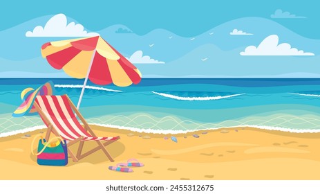 Summer beach background with deck chair, umbrella, seashore, waves, sky, seagulls. Sea coast with chaise longue and parasol. Vacation, beach vacation, resort. Vector illustration, background