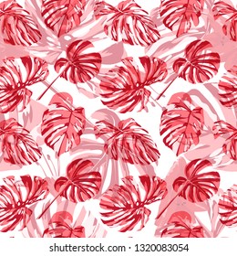 Summer Beach Background. Summer Design for Swimwear. Exotic Palm Greenery Backdrop. Repeat Illustration. Vector Summer Beach Seamless Background.