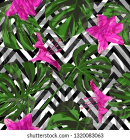 Summer Beach Background. Summer Design for Swimwear. Seamless Illustration. Exotic Palm Greenery Backdrop. Vector Summer Beach Seamless Background.
