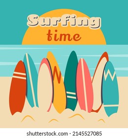 Fondo de playa de verano con tablas de surf diferentes, luminosas y de colores. Surf en un diseño retro vintage. Ilustración plana vectorial para afiches, banner, vacaciones, deporte, diseño de estilo de vida