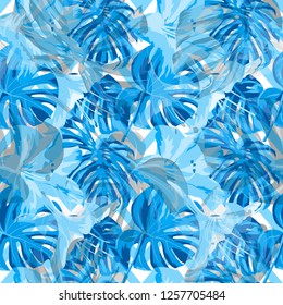 Summer Beach Background. Exotic Palm Greenery Backdrop. Seamless Illustration. Summer Design for Swimwear. Vector Summer Beach Seamless Background.