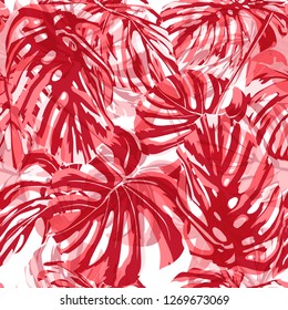 Summer Beach Background. Exotic Palm Greenery Backdrop. Seamless Illustration. Summer Design for Swimwear. Vector Summer Beach Seamless Background.