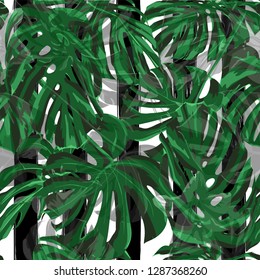 Summer Beach Background. Exotic Palm Greenery Backdrop. Seamless Illustration. Summer Design for Swimwear. Vector Summer Beach Seamless Background.
