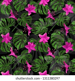 Summer Beach Background. Exotic Palm Greenery Backdrop. Repeating Illustration. Summer Design for Swimwear. Vector Summer Beach Seamless Background.