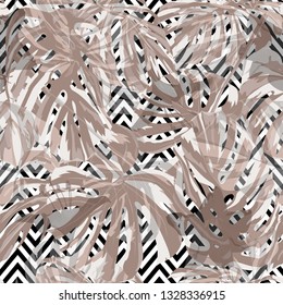 Summer Beach Background. Exotic Palm Greenery Backdrop. Repeating Illustration. Summer Design for Swimwear. Vector Summer Beach Seamless Background.