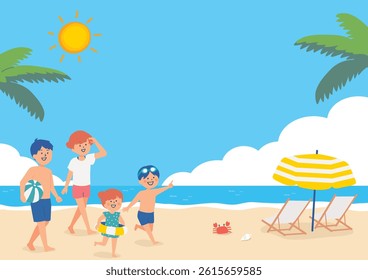 Summer beach background and family illustration