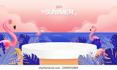 Summer beach background with flamingo birds and stage podium for products display, vector design