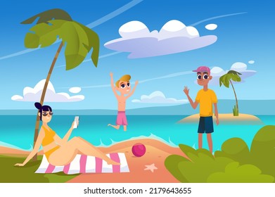 Summer Beach Background In Flat Cartoon Design. Wallpaper With Family Resting At Resort. Mom Is Sunbathing, Son Is Playing With Ball, Dad Walking. Vector Illustration For Poster Or Banner Template