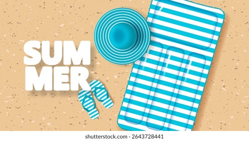Summer beach background. Beach hat, striped flip-flop sandals and inflatable mattress on sandy beach. Top view