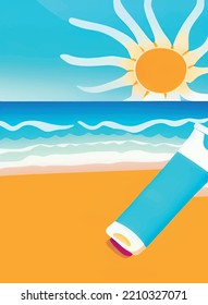 fondo de playa de verano, losas y cremas de verano y de protección solar