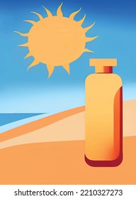 Sommerstrand, heiße Sommer- und Sonnenschirmliegen und -cremes