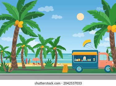 Summer beach background illustration. Road and ocean coast with palms, food truck, surf board, beach umbrellas. Bright colorful vector drawing
