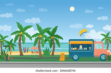 Summer beach background illustration. Road and ocean coast with palms, food truck, surf board, beach umbrellas. Bright colorful vector drawing