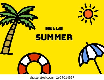 Summer beach background illustration. Social media banner and presentation background template.  Apparel packaging, coconut and sun, holiday and travel business