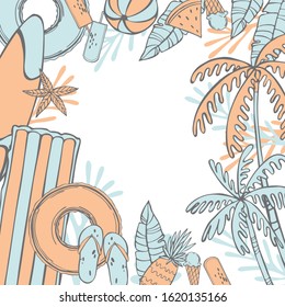 Summer beach background with items for swimming on the water. Vector sketch illustration.