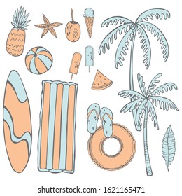 Summer beach background. Items for swimming on the water. Vector sketch illustration.