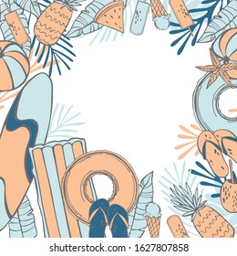 Summer beach background. Items for swimming on the water. Vector sketch illustration.