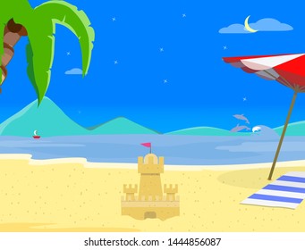 Summer Beach Background at Night Time, Sand Castle, Nighttime Landscape of Exotic Seaside, Asian Thailand Resort Seascape Sandy Shore Poster, Flyer Template, Cartoon Flat Vector Illustration, Banner