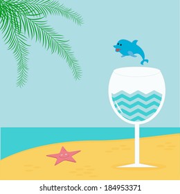Summer beach background with palm, star, cocktail and dolphin. Vector illustration.