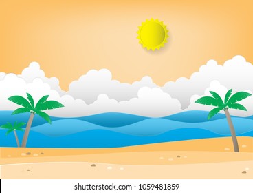 Summer beach background with palm tree. Paper craft recycle digital design. Vector illustration.