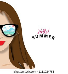 summer beach background with paper art style in sunglass shadow and beautiful lady vector