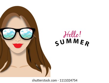 summer beach background with paper art style in sunglass shadow and beautiful lady vector