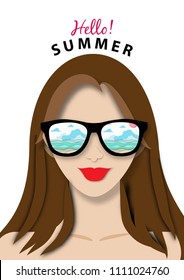 summer beach background with paper art style in sunglass shadow and beautiful lady vector
