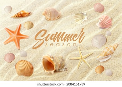 Summer beach background, realistic seashells and starfishes on sand. Sea or ocean coast with shells and star fish top view. Vector sandy seaside surface and conch on island, exotic tropical plage