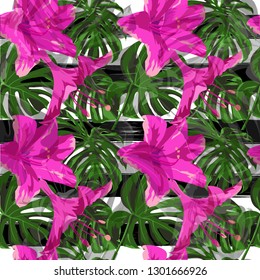 Summer Beach Background. Repeat Illustration. Summer Design for Swimwear. Exotic Palm Greenery Backdrop. Vector Summer Beach Seamless Background.