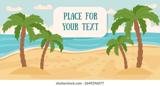 Summer beach background. Sand, sea, sky, palm trees. Travel and vacation concept banner. Vector flat illustration.