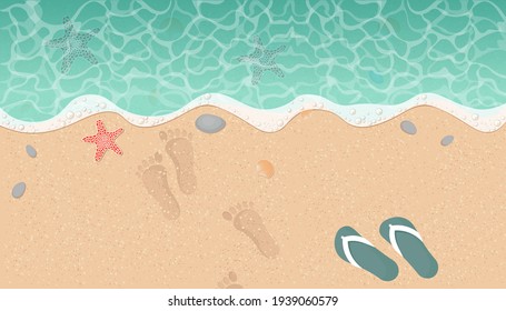 Summer beach background with sand and wave. Top view. Vector illustration