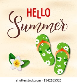 Summer beach background with sandal and flower. Original hand lettering Hello Summer. Illustration for print and web projects.