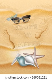 Summer beach background with  sand,shells,sunglasses  and footprints