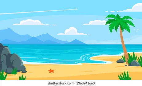 Summer beach background. Sandy seashore, sea coast with palm tree and vocation seaside travel. Heaven island, tropical ocean paradise view. Vector cartoon backdrop illustration