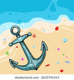 summer beach background with sea and anchor – vector illustration