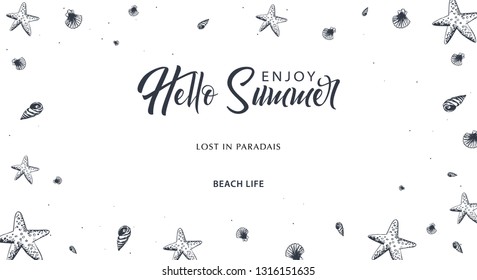 Summer Beach background. Sea Holiday. Linear graphic. Engraved top view illustration. Wave, surfboard, seashells, starfish. Top view. Vector Illustration