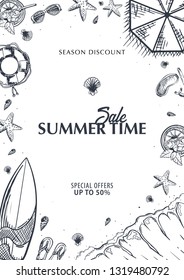 Summer Beach background. Sea Holiday. Linear graphic. Engraved top view illustration. Wave, surfboard, seashells, starfish. Top view. Vector Illustration