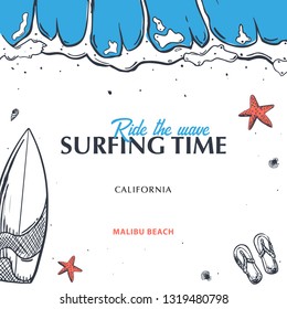 Summer Beach background. Sea Holiday. Linear graphic. Engraved top view illustration. Wave, surfboard, seashells, starfish. Top view. Vector Illustration