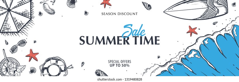 Summer Beach background. Sea Holiday. Linear graphic. Engraved top view illustration. Wave, surfboard, seashells, starfish. Top view. Vector Illustration