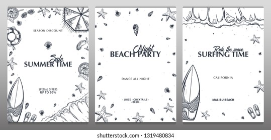 Summer Beach background. Sea Holiday. Linear graphic. Engraved top view illustration. Wave, surfboard, seashells, starfish. Top view. Vector Illustration