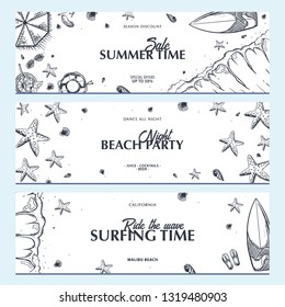 Summer Beach background. Sea Holiday. Linear graphic. Engraved top view illustration. Wave, surfboard, seashells, starfish. Top view. Vector Illustration
